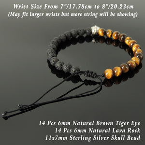 Handmade Braided Skull Bracelet - Lava Rock & Brown Tiger Eye 6mm Stones, Adjustable Drawstring, S925 Sterling Silver Bead BR1558
