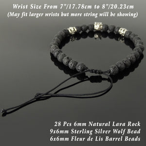Handmade Braided Wolf Bracelet - Lava Rock 6mm Stones, Adjustable Drawstring, S925 Sterling Silver Bead BR1559