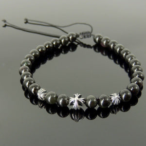 Handmade Braided Cross Bracelet - Rainbow Black Obsidian 6mm Gemstones, Adjustable Drawstring, S925 Sterling Silver Beads BR1560