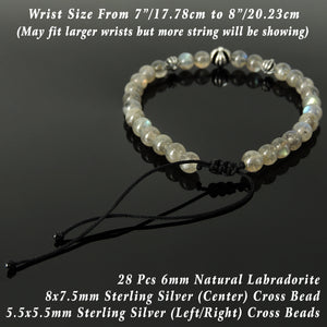 Handmade Braided Cross Bracelet - Labradorite 6mm Gemstones, Adjustable Drawstring, S925 Sterling Silver Beads BR1561