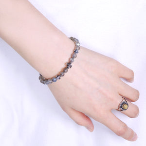 Handmade Braided Cross Bracelet - Labradorite 6mm Gemstones, Adjustable Drawstring, S925 Sterling Silver Beads BR1561