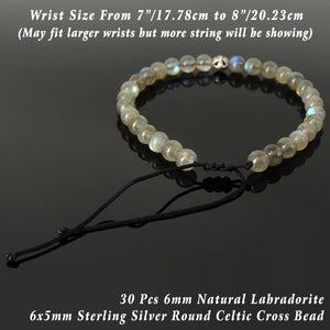Handmade Braided Celtic Cross Bracelet - Labradorite 6mm Gemstones, Adjustable Drawstring, S925 Sterling Silver Bead BR1563