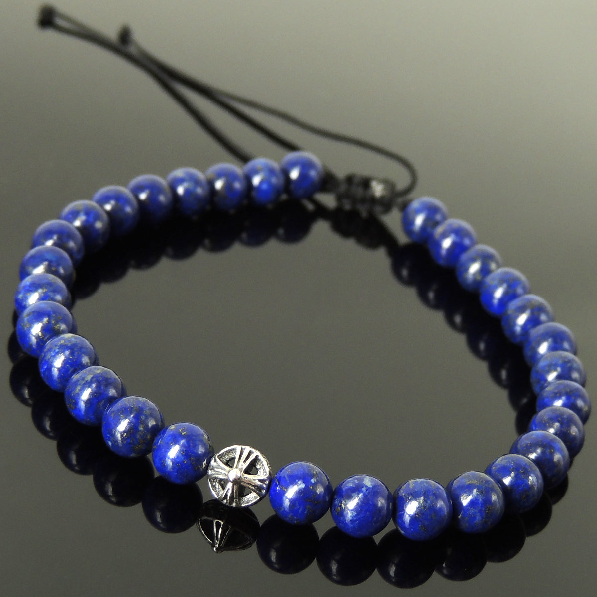 Handmade Braided Celtic Cross Bracelet - Lapis Lazuli 6mm Gemstones, Adjustable Drawstring, S925 Sterling Silver Bead BR1564