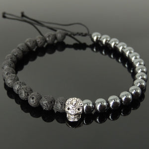 Handmade Braided Skull Bracelet - Lava Rock & Hematite 6mm Stones, Adjustable Drawstring, S925 Sterling Silver Bead BR1565