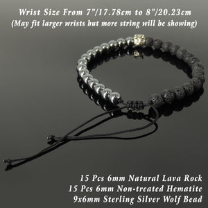 Handmade Braided Wolf Bracelet - Lava Rock & Hematite 6mm Stones, Adjustable Drawstring, S925 Sterling Silver Bead BR1566