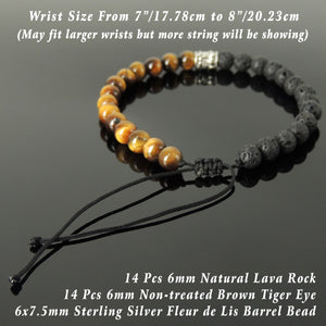 Handmade Braided Fleur de Lis Bracelet - Lava Rock & Brown Tiger Eye 6mm Stones, Adjustable Drawstring, S925 Sterling Silver Bead BR1567