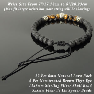 Handmade Braided Skull Bracelet - Lava Rock & Brown Tiger Eye 6mm Stones, Adjustable Drawstring, S925 Sterling Silver Fleur de Lis Beads BR1568
