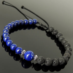 Handmade Braided Bracelet - Lava Rock & Lapis Lazuli 6mm Mixed Stones, Adjustable Drawstring, S925 Sterling Silver Fleur de Lis Beads BR1569