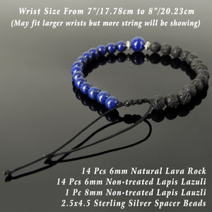 Handmade Braided Bracelet - Lava Rock & Lapis Lazuli 6mm Mixed Stones, Adjustable Drawstring, S925 Sterling Silver Fleur de Lis Beads BR1569