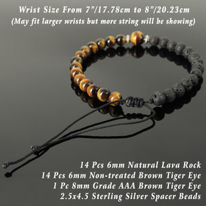 Handmade Braided Bracelet - Lava Rock & Brown Tiger Eye 6mm Mixed Stones, Adjustable Drawstring, S925 Sterling Silver Fleur de Lis Beads BR1570