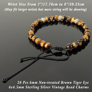 Vintage Handmade Braided Bracelet - Brown Tiger Eye 6mm Gemstones, Adjustable Drawstring, S925 Sterling Silver Charms BR1571
