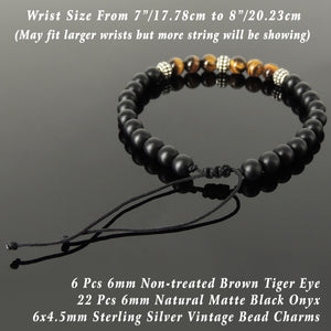 Vintage Handmade Braided Bracelet - Brown Tiger Eye & Matte Black Onyx 6mm Gemstones, Adjustable Drawstring, S925 Sterling Silver Charms BR1573