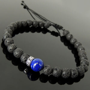 Handmade Braided Buddhism Bracelet - Lapis Lazuli & Lava Rock 6mm Stones, Adjustable Drawstring, S925 Sterling Silver Spacer Bead BR1574
