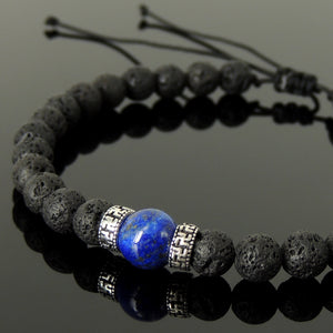 Handmade Braided Buddhism Bracelet - Lapis Lazuli & Lava Rock 6mm Stones, Adjustable Drawstring, S925 Sterling Silver Spacer Beads BR1575