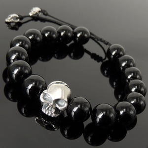 Handmade Braided Biker Skull Bracelet - Bright Black Onyx 12mm Gemstones, Adjustable Drawstring, S925 Sterling Silver Charm BR1577