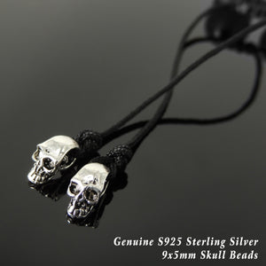 Handmade Braided Biker Skull Bracelet - Bright Black Onyx 12mm Gemstones, Adjustable Drawstring, S925 Sterling Silver Charm BR1577