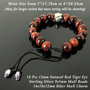 Handmade Braided Biker Skull Bracelet - Red Tiger Eye 12mm Gemstones, Adjustable Drawstring, S925 Sterling Silver Charm BR1580
