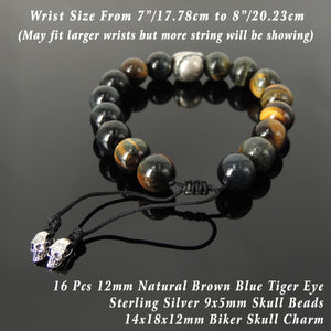 Handmade Braided Biker Skull Bracelet - Brown Blue Tiger Eye 12mm Gemstones, Adjustable Drawstring, S925 Sterling Silver Charm BR1581