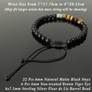 Handmade Braided Fleur de Lis Bracelet - Brown Tiger Eye & Matte Black Onyx 6mm Gemstones, Adjustable Drawstring, S925 Sterling Silver Barrel Bead BR1582
