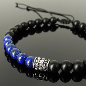 Handmade Braided Fleur de Lis Bracelet - Lapis Lazuli & Matte Black Onyx 6mm Gemstones, Adjustable Drawstring, S925 Sterling Silver Barrel Bead BR1584