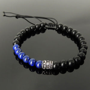 Handmade Braided Fleur de Lis Bracelet - Lapis Lazuli & Matte Black Onyx 6mm Gemstones, Adjustable Drawstring, S925 Sterling Silver Barrel Bead BR1584