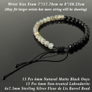 Handmade Braided Fleur de Lis Bracelet - Labradorite & Matte Black Onyx 6mm Multicolor Gemstones, Adjustable Drawstring, S925 Sterling Silver Barrel Bead BR1585