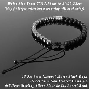 Handmade Braided Fleur de Lis Bracelet - Hematite & Matte Black Onyx 6mm Gemstones, Adjustable Drawstring, S925 Sterling Silver Barrel Bead BR1586