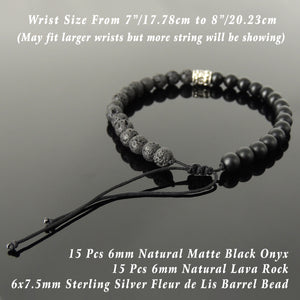 Handmade Braided Fleur de Lis Bracelet - Lava Rock & Matte Black Onyx 6mm Mixed Stones, Adjustable Drawstring, S925 Sterling Silver Barrel Bead BR1587