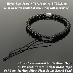Handmade Braided Fleur de Lis Bracelet - Bright & Matte Black Onyx 6mm Gemstones, Adjustable Drawstring, S925 Sterling Silver Barrel Bead BR1588