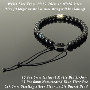 Handmade Braided Fleur de Lis Bracelet - Blue Tiger Eye & Matte Black Onyx 6mm Gemstones, Adjustable Drawstring, S925 Sterling Silver Barrel Bead BR1589
