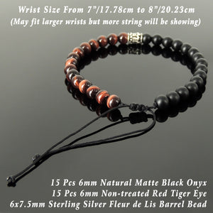 Handmade Braided Fleur de Lis Bracelet - Red Tiger Eye & Matte Black Onyx 6mm Gemstones, Adjustable Drawstring, S925 Sterling Silver Barrel Bead BR1590