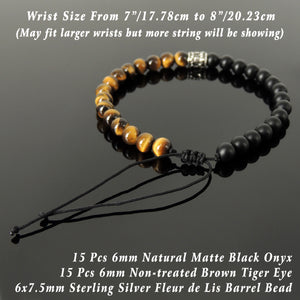 Handmade Braided Fleur de Lis Bracelet - Brown Tiger Eye & Matte Black Onyx 6mm Gemstones, Adjustable Drawstring, S925 Sterling Silver Barrel Bead BR1591