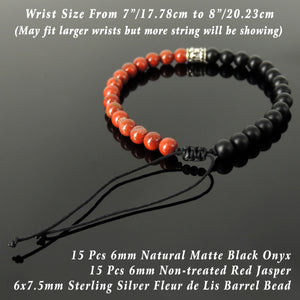 Handmade Braided Fleur de Lis Bracelet - Red Jasper & Matte Black Onyx 6mm Gemstones, Adjustable Drawstring, S925 Sterling Silver Barrel Bead BR1592