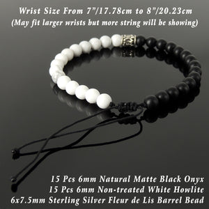 Handmade Braided Fleur de Lis Bracelet - White Howlite & Matte Black Onyx 6mm Gemstones, Adjustable Drawstring, S925 Sterling Silver Barrel Bead BR1593