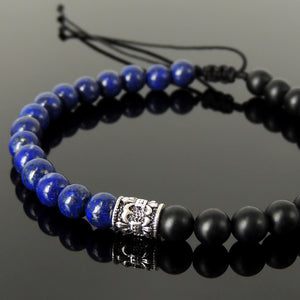 Handmade Braided Fleur de Lis Bracelet - Lapis Lazuli & Matte Black Onyx 6mm Gemstones, Adjustable Drawstring, S925 Sterling Silver Barrel Bead BR1597