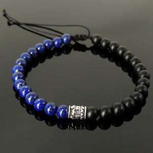 Handmade Braided Fleur de Lis Bracelet - Lapis Lazuli & Matte Black Onyx 6mm Gemstones, Adjustable Drawstring, S925 Sterling Silver Barrel Bead BR1597