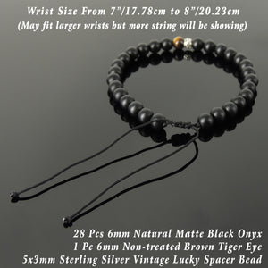 Lucky Vintage Handmade Braided Bracelet - Brown Tiger Eye & Matte Black Onyx 6mm Gemstones, Adjustable Drawstring, S925 Sterling Silver Spacer Bead BR1598