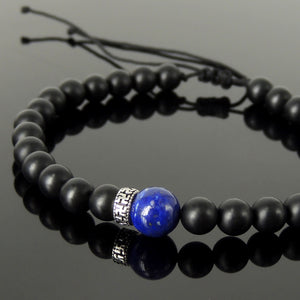 Handmade Braided Buddhism Bracelet - Lapis Lazuli & Matte Black Onyx Gemstones, Adjustable Drawstring, S925 Sterling Silver Spacer Bead BR1599