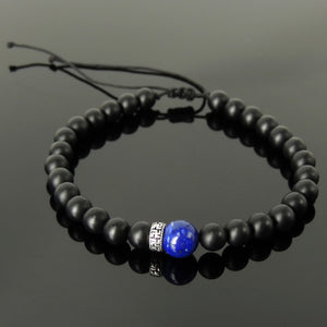 Handmade Braided Buddhism Bracelet - Lapis Lazuli & Matte Black Onyx Gemstones, Adjustable Drawstring, S925 Sterling Silver Spacer Bead BR1599