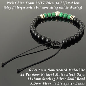 Handmade Braided Sugar Skull Inspired Bracelet - Malachite & Matte Black Onyx Gemstones, Adjustable Drawstring, S925 Sterling Silver Beads BR1600