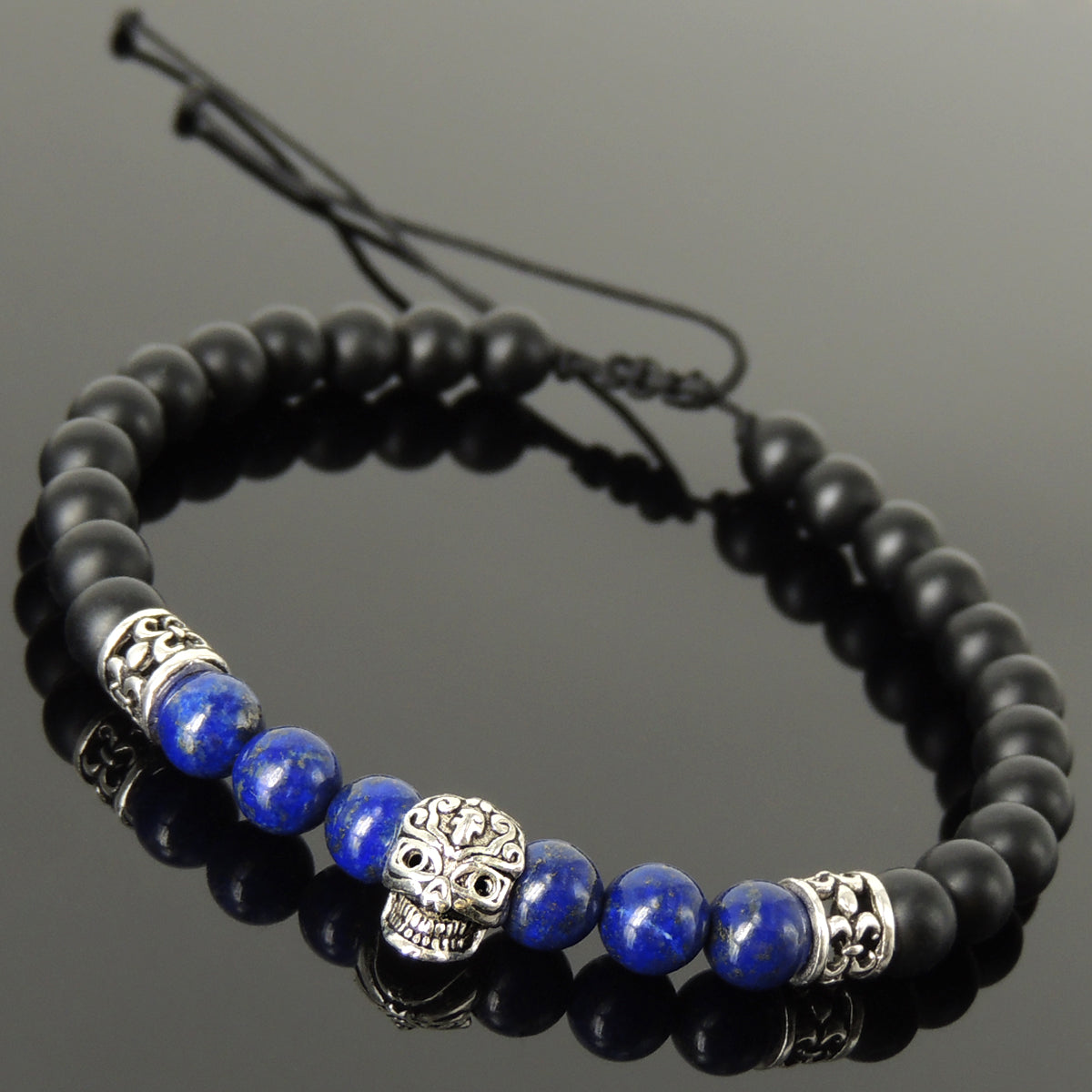 Handmade Braided Sugar Skull Inspired Bracelet - Lapis Lazuli & Matte Black Onyx Gemstones, Adjustable Drawstring, S925 Sterling Silver Beads BR1601