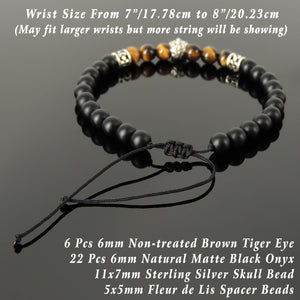 Handmade Braided Sugar Skull Inspired Bracelet - Brown Tiger Eye & Matte Black Onyx Gemstones, Adjustable Drawstring, S925 Sterling Silver Beads BR1602