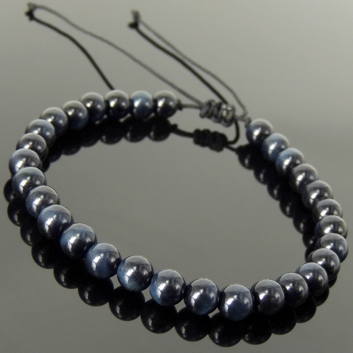 Handmade Braided Healing Gemstone Bracelet - 6mm Blue Tiger Eye & Adjustable Drawstring BR1606