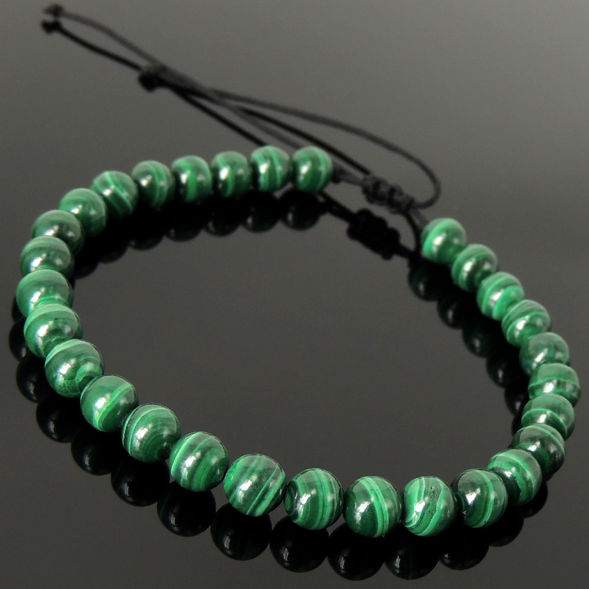 Handmade Braided Healing Gemstone Bracelet - 6mm Malachite & Adjustable Drawstring BR1607