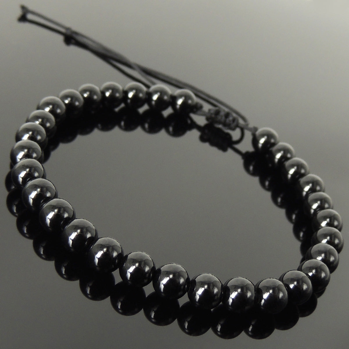Handmade Braided Healing Gemstone Bracelet - 6mm Bright Black Onyx & Adjustable Drawstring BR1616