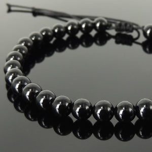Handmade Braided Healing Gemstone Bracelet - 6mm Bright Black Onyx & Adjustable Drawstring BR1616