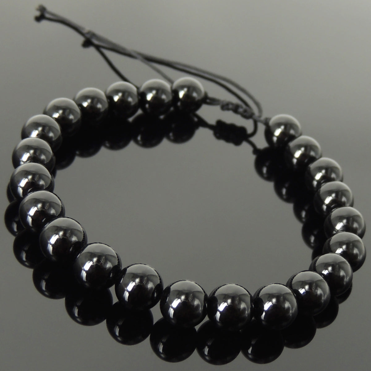 Handmade Braided Healing Gemstone Bracelet - 8mm Bright Black Onyx & Adjustable Drawstring BR1621