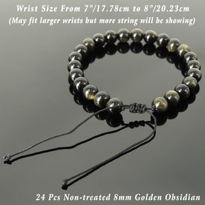Handmade Braided Healing Gemstone Bracelet - 8mm Golden Obsidian & Adjustable Drawstring BR1630