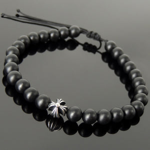 Handmade Braided Healing Gemstone Bracelet - 6mm Matte Black Onyx, Genuine S925 Sterling Silver Cross Bead, Adjustable Drawstring BR1634
