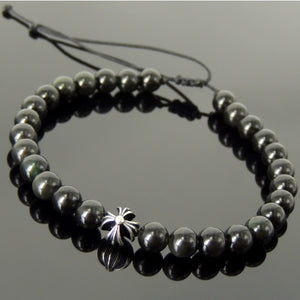 Handmade Braided Healing Gemstone Bracelet - 6mm Rainbow Black Obsidian, Genuine S925 Sterling Silver Cross Bead, Adjustable Drawstring BR1635
